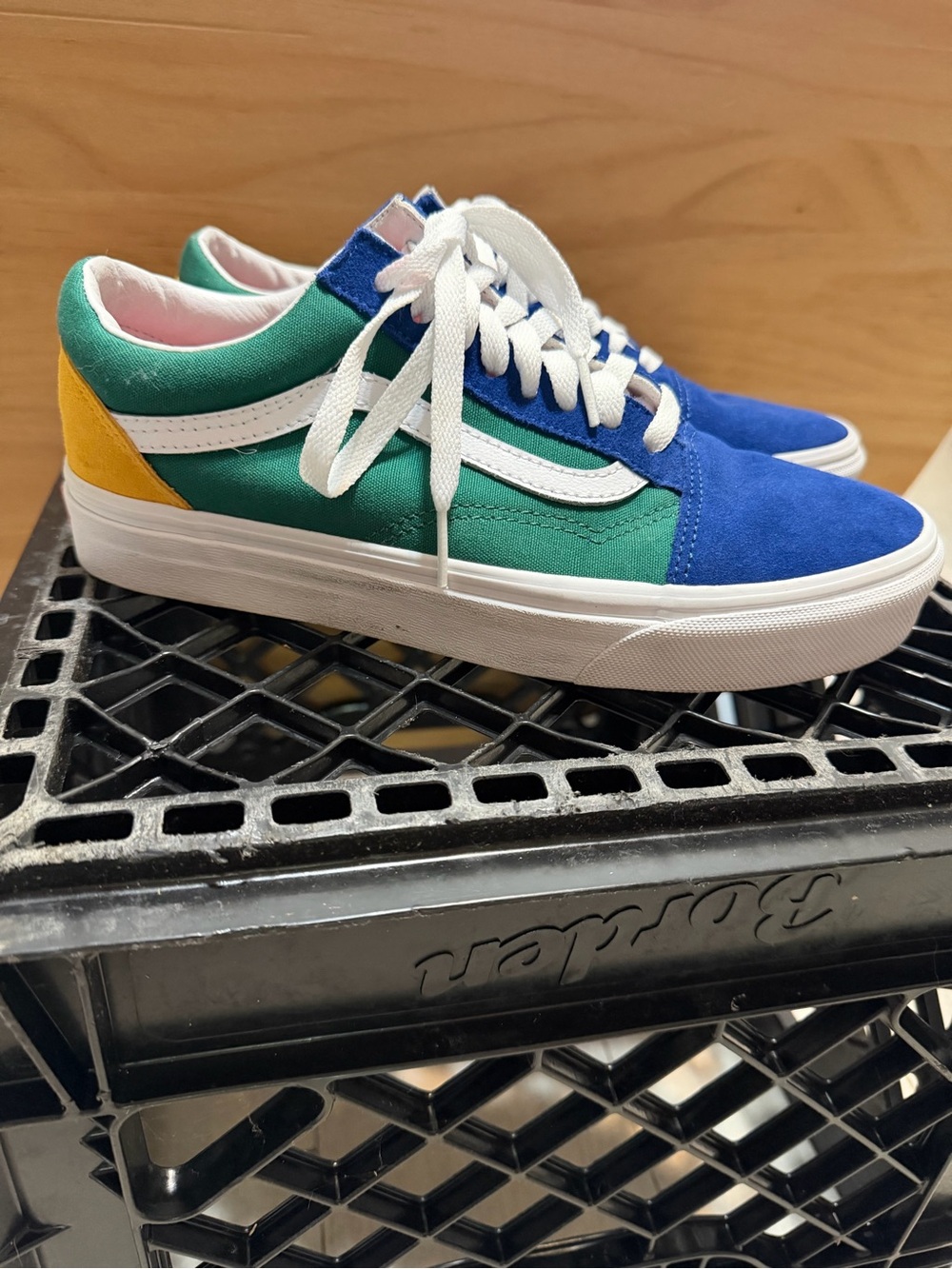 Men’s Blue and Green Low-Top Skate Sneakers with Yellow Accent